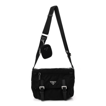 PRADA Re-Nylon Vela Saffiano Pocket Double Buckle Messenger Shoulder Bag Black