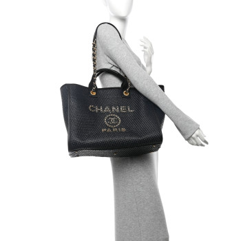CHANEL Straw Raffia Calfskin Chain Medium Deauville Tote Black