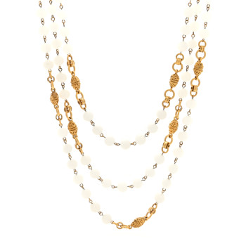 CHANEL Marble Bead CC Long Necklace Gold White