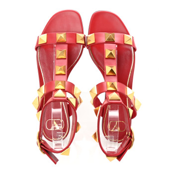 VALENTINO GARAVANI Calfskin Roman Stud Ankle Strap Flat Sandals 38.5 Rosso Valentino