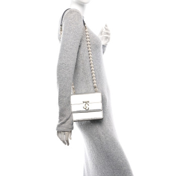 JIMMY CHOO Metallic Calfskin Pearl Varenne Crystal Bar Avenue Chain Clutch Silver
