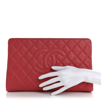 CHANEL Caviar Quilted CC Large Clutch Coral