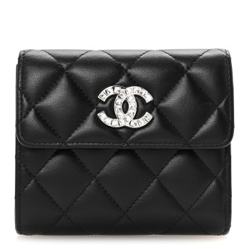 CHANEL Lambskin Quilted Baguette Crystal Small Compact Wallet Black