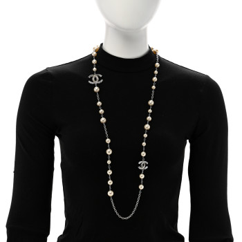 CHANEL Pearl Baguette Crystal CC Long Necklace Silver