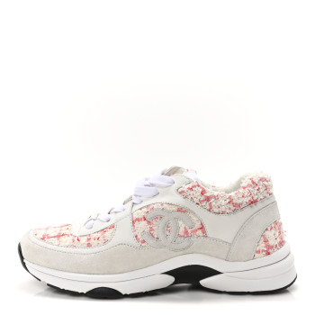 CHANEL Tweed Suede Calfskin Womens CC Sneakers 40 Ecru Pink Red White