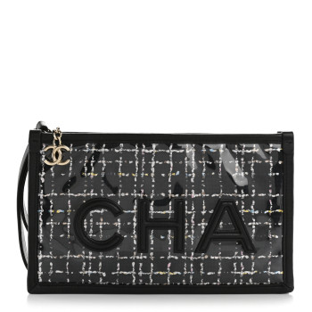 CHANEL Tweed PVC Lambskin Wristlet Pouch Black