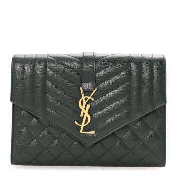 SAINT LAURENT Grain De Poudre Textured Mixed Matelasse Triquilt Monogram Clutch Vert Fonce