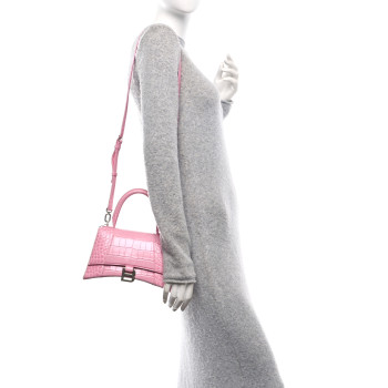 BALENCIAGA Shiny Calfskin Crocodile Embossed Small Hourglass Top Handle Bag Candy Pink