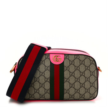 GUCCI GG Supreme Monogram Textured Dollar Calfskin Web Ophidia Small Crossbody Bag Beige Ebony Fuchsia