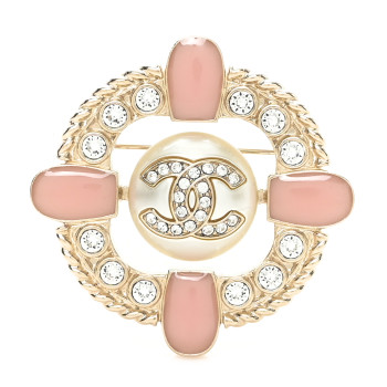 CHANEL Crystal Pearl Enamel CC Brooch Gold Pink