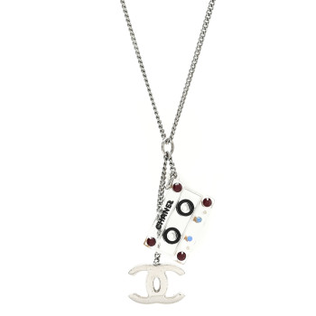 CHANEL Metal Resin Cassette CC Charm Necklace Silver Black