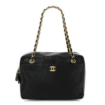 CHANEL Caviar Chevron Quilted Camera Case Black