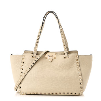 VALENTINO GARAVANI Pebbled Calfskin Small Rockstud Tote Ivory