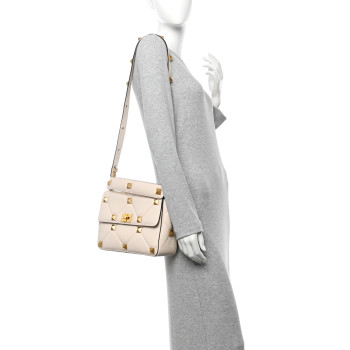 VALENTINO GARAVANI Grained Calfskin Large Roman Stud Shoulder Bag Light Ivory