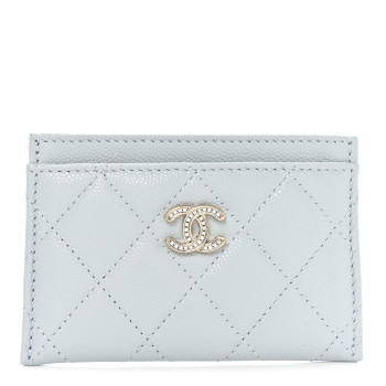 CHANEL Caviar Quilted Crystal CC Card Holder Light Blue