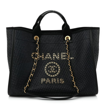 CHANEL Straw Raffia Calfskin Chain Medium Deauville Tote Black