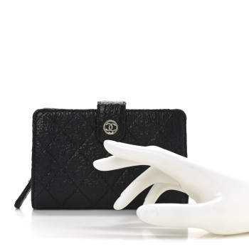 CHANEL Crinkled Patent Quilted Zipped Pocket Wallet Black