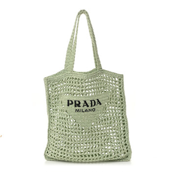 PRADA Yarn Raffia Effect Crochet Logo Embroidered Tote Bag Acqua