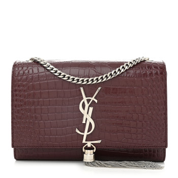 SAINT LAURENT Calfskin Crocodile Embossed Small Classic Monogram Kate Tassel Satchel Rouge Legion