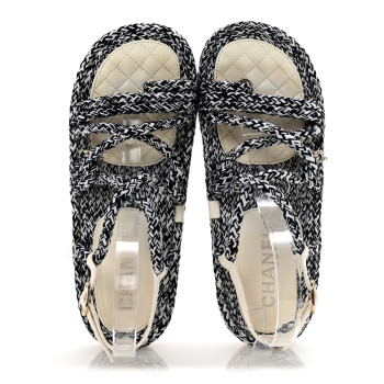CHANEL Cord Lambskin Quilted Logo Sandals 39 Navy Blue White