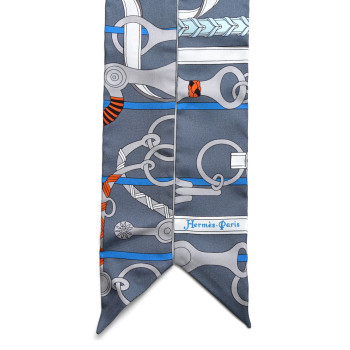 HERMES Silk Panoplie Equestre Twilly Gris Ciel Orange