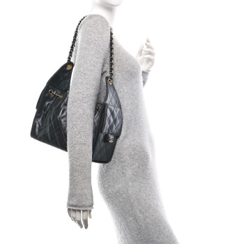CHANEL Shiny Crumpled Calfskin Quilted Small Chanel 25 Handbag Black
