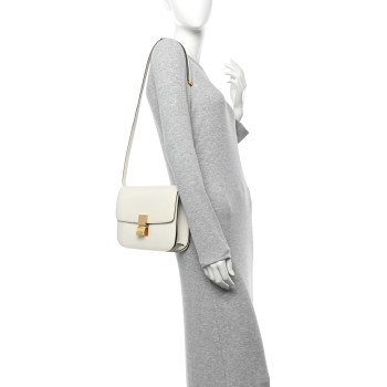 CELINE Spazzolato Calfskin Medium Classic Box Flap Bag White