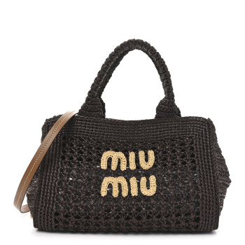 MIU MIU Raffia Crochet Woven Logo Handbag Cacao Naturale