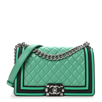 CHANEL Lambskin Rubber Quilted Medium Two Tone Boy Flap Green Black