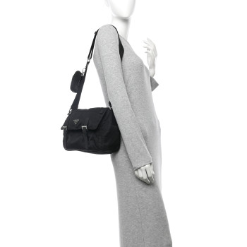 PRADA Re-Nylon Vela Saffiano Pocket Double Buckle Messenger Shoulder Bag Black