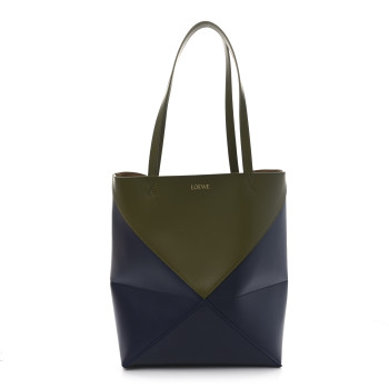 LOEWE Shiny Calfskin Medium Puzzle Fold Tote Olive Abyss Blue