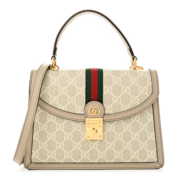 GUCCI GG Supreme Monogram Textured Dollar Calfskin Web Small Ophidia Padlock Top Handle Bag Beige Mystic White Oatmeal