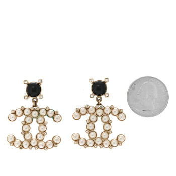 CHANEL Resin Crystal Pearl CC Drop Earrings Black Gold