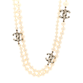 CHANEL Baguette Crystal Pearl CC Long Necklace Gold