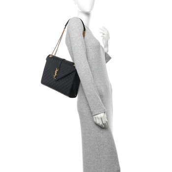 SAINT LAURENT Grain De Poudre Textured Mixed Matelasse Large Triquilt Monogram Satchel Black