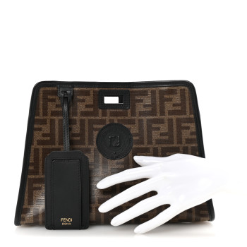 FENDI Glazed Fabric Vitello Century FF 1974 Stamp Patch Mini Peekaboo Defender Cover Mogano Panna Black