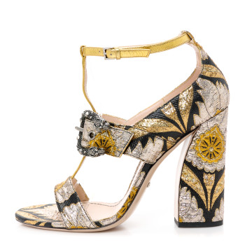 GUCCI Brocade Floral Dionysus T-Strap High Heel Sandals 40 Oro