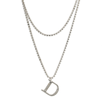 CHRISTIAN DIOR Crystal D Double Chain Necklace Silver