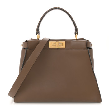 FENDI Vitello Seta Fabric Jacquard Pequin Medium Peekaboo Iconic Satchel Foresta Tobacco