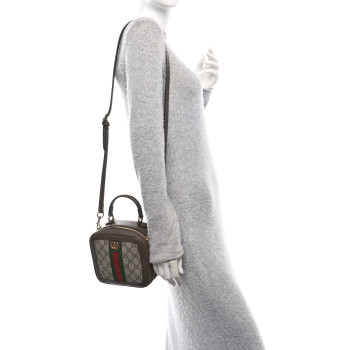 GUCCI GG Supreme Monogram Textured Dollar Calfskin Mini Ophidia Top Handle Square Shoulder Bag Beige Ebony New Acero
