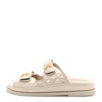 CHANEL Shiny Calfskin Pearl Quilted Velcro Dad CC Slide Sandals 36.5 Light Beige
