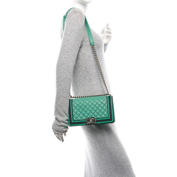 CHANEL Lambskin Rubber Quilted Medium Two Tone Boy Flap Green Black