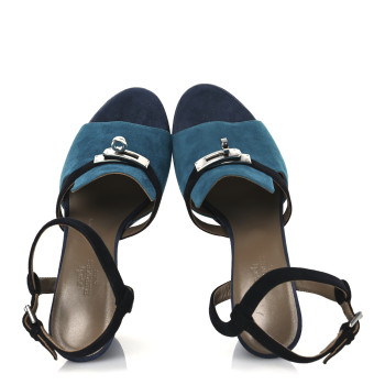 HERMES Suede Goatskin Calas Sandals 37.5 Vert Oxford Bleu Celeste Black