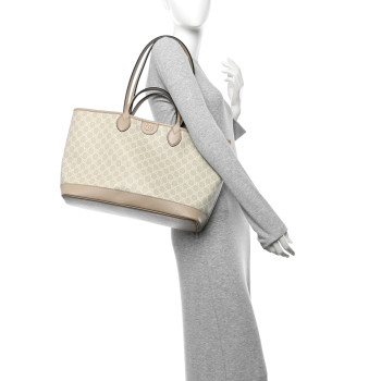 GUCCI GG Supreme Monogram Textured Calfskin Medium Ophidia Shoulder Tote  Beige Mystic White Oatmeal