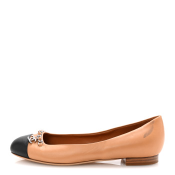 CHANEL Lambskin Cap Toe Chain Ballerina Flats 37.5 Beige Black