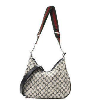GUCCI GG Supreme Monogram Textured Calfskin Web Large Attache Shoulder Bag Beige Blue