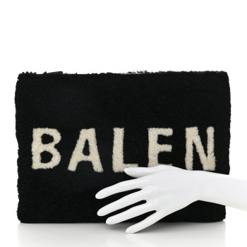BALENCIAGA Sheepskin Shearling Contrasted Logo Large Zip Pouch Black
