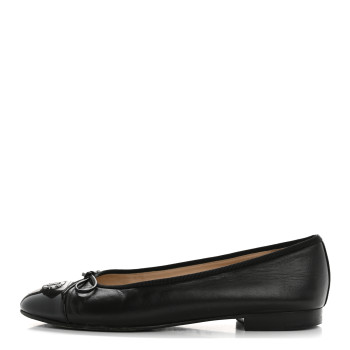 CHANEL Lambskin Patent Cap Toe CC Ballerina Flats 37.5 Black