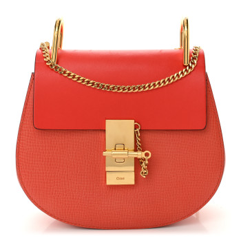 CHLOE Grained Calfskin Lambskin Mini Drew Shoulder Bag Coral Pop