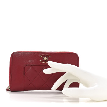 CHANEL Sheepskin Quilted Medium Mademoiselle Vintage Zip Around Wallet Red